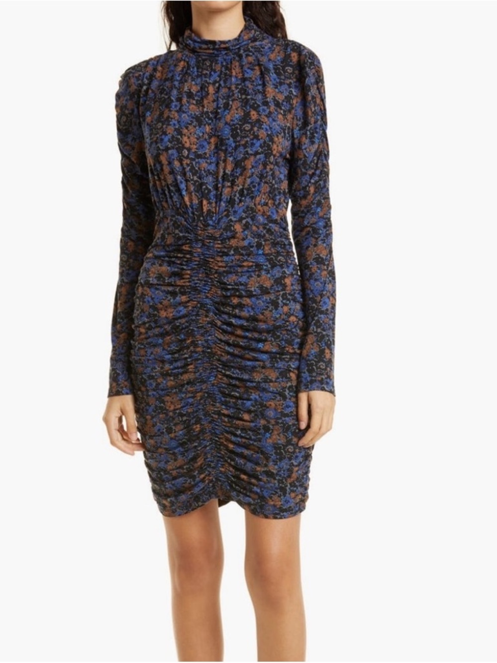 Veronica Beard Blue and Brown Floral Ruched Long-Sleeve Mini Dress